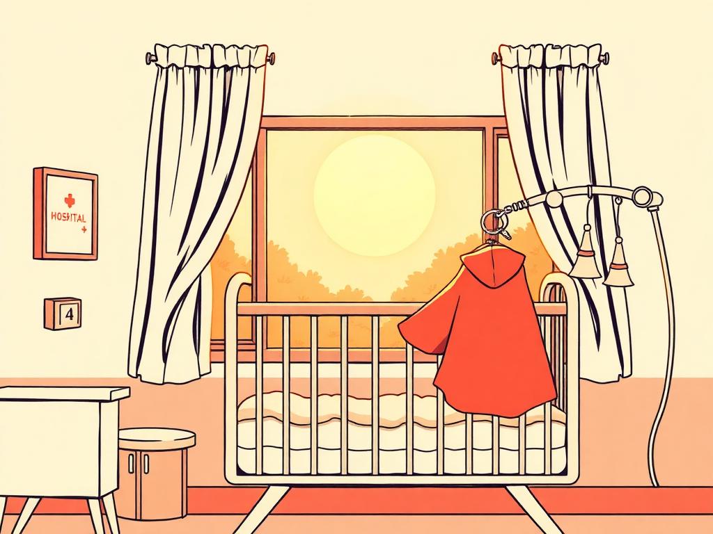 A hospital nursery at sunrise with a small red cape hanging by the crib